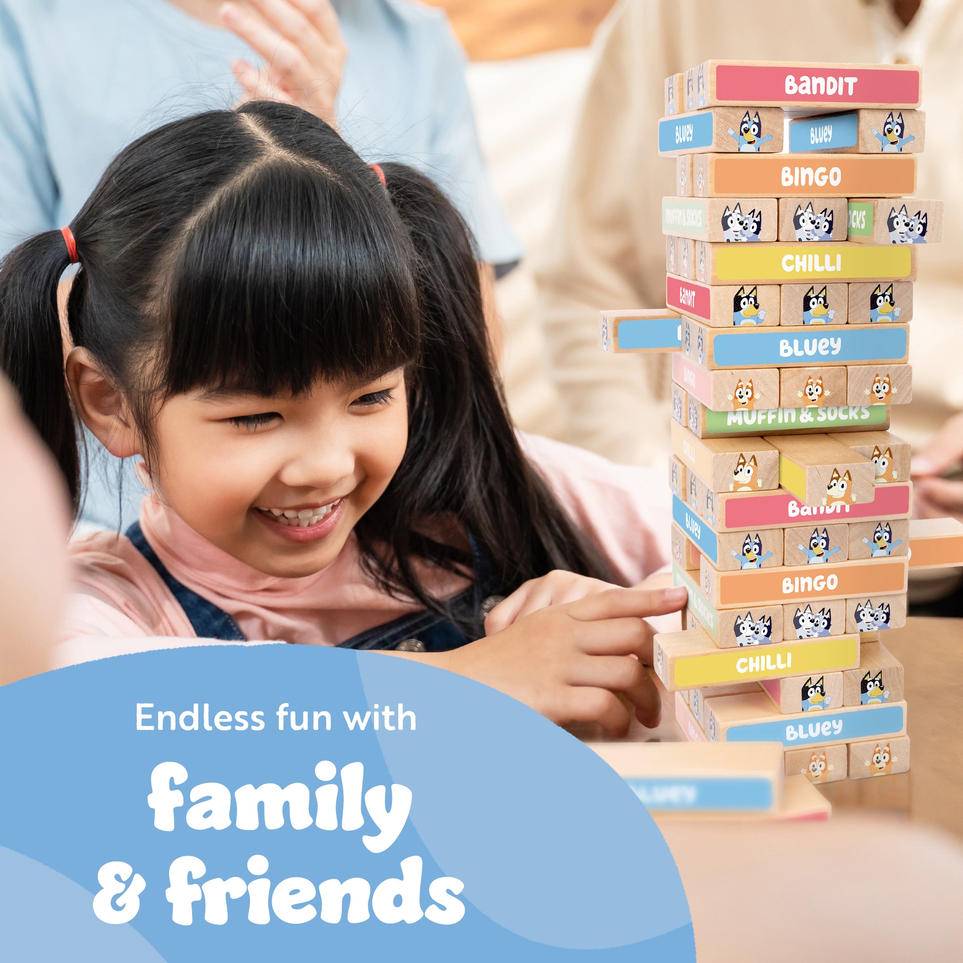 Bluey wooden block tumbling tower with 54 colourful Bluey-themed pieces – family game for all ages