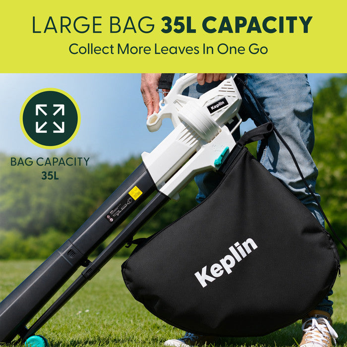 Keplin 35L leaf collection bag attached to garden vacuum on lawn – large capacity replacement bag