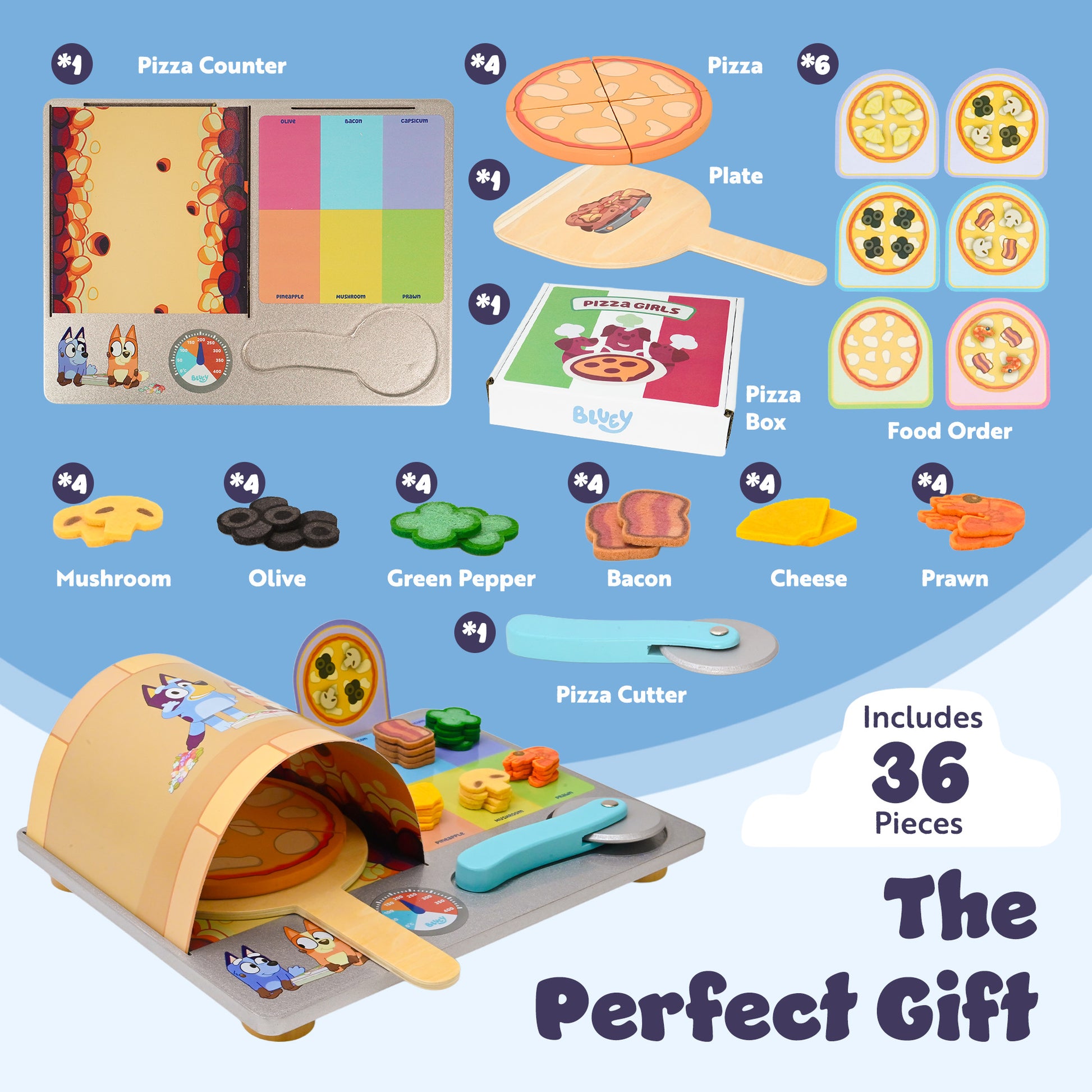 Bluey Pizza Girls Set – 35-Piece Pretend Play Food Set, Wooden Pizza Playset with Oven, Pizza Slices, Box, Cutter, Paddle, Order Cards, and Toppings, Pizza Girls Toy Set