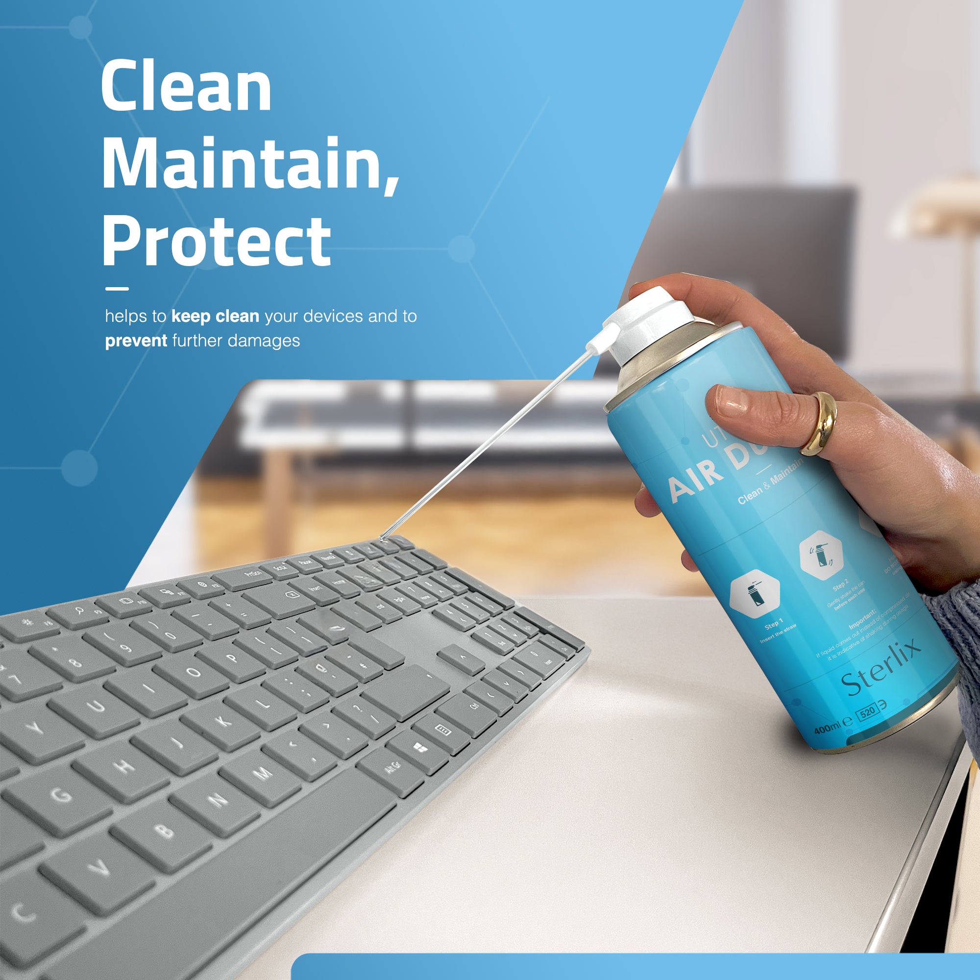 Air Duster Can 400ml Compressed Air Spray Can Dust Cleaner PC, Keyboard, Electronic Devices & Car Cleaning Protect & Maintain Easy Use Blow Dust & Dirt Extension Tube Professional Use