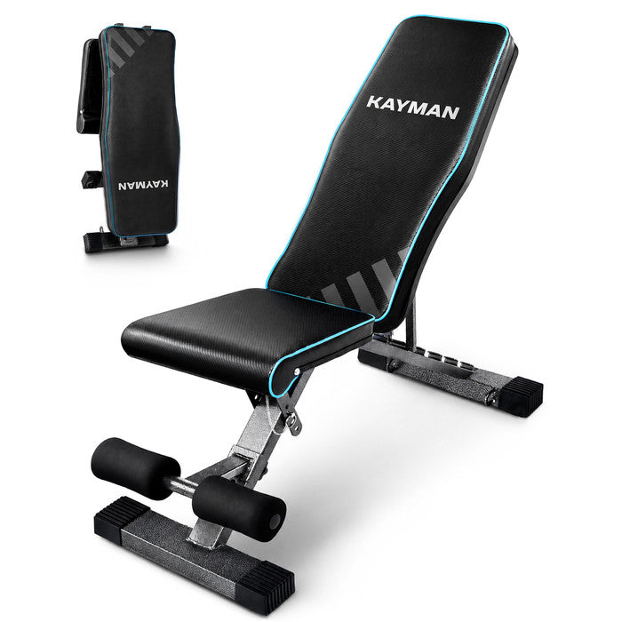 Kayman Adjustable Weight Bench - 6 Back Levels, 4 Seat Levels, 3 Leg Levels - Durable Steel, EPE Foam, PU - Foldable & Sturdy - Compact Home Gym Workout Bench (108x33x42-112 cm)