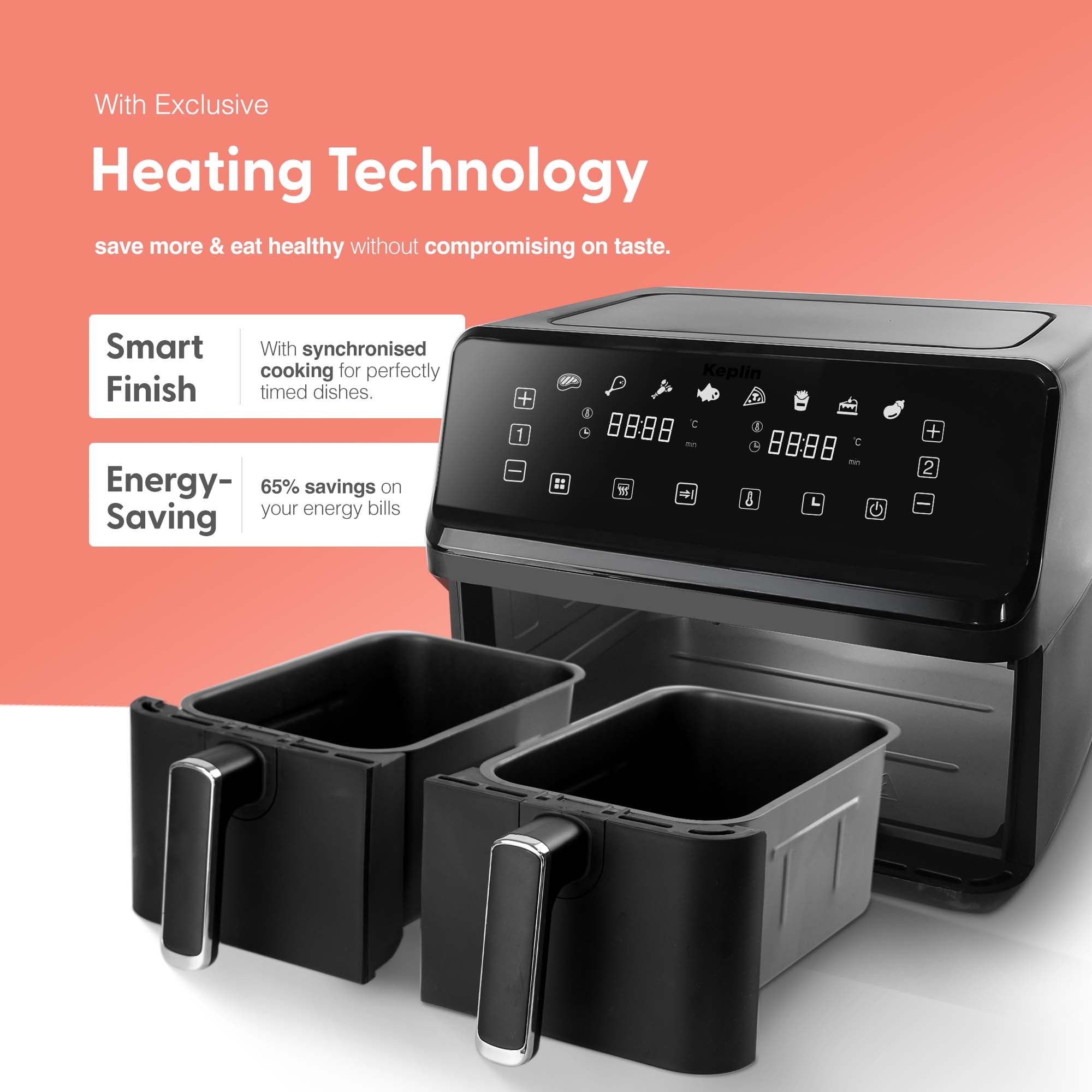 Keplin 9L Dual Zone Air Fryer - 2700W Energy-Saving Cooker with 6 Cooking Functions - Extra-Large Capacity for Healthy Meals - Roast, Bake, Dehydrate, Crisp - Family Size (9L)