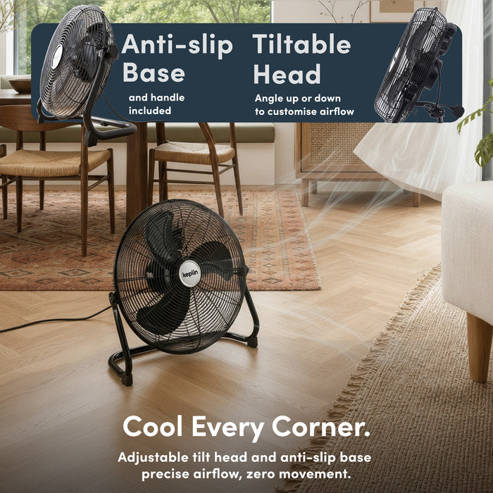 Heavy duty 12 inch floor fan black metal casing side view