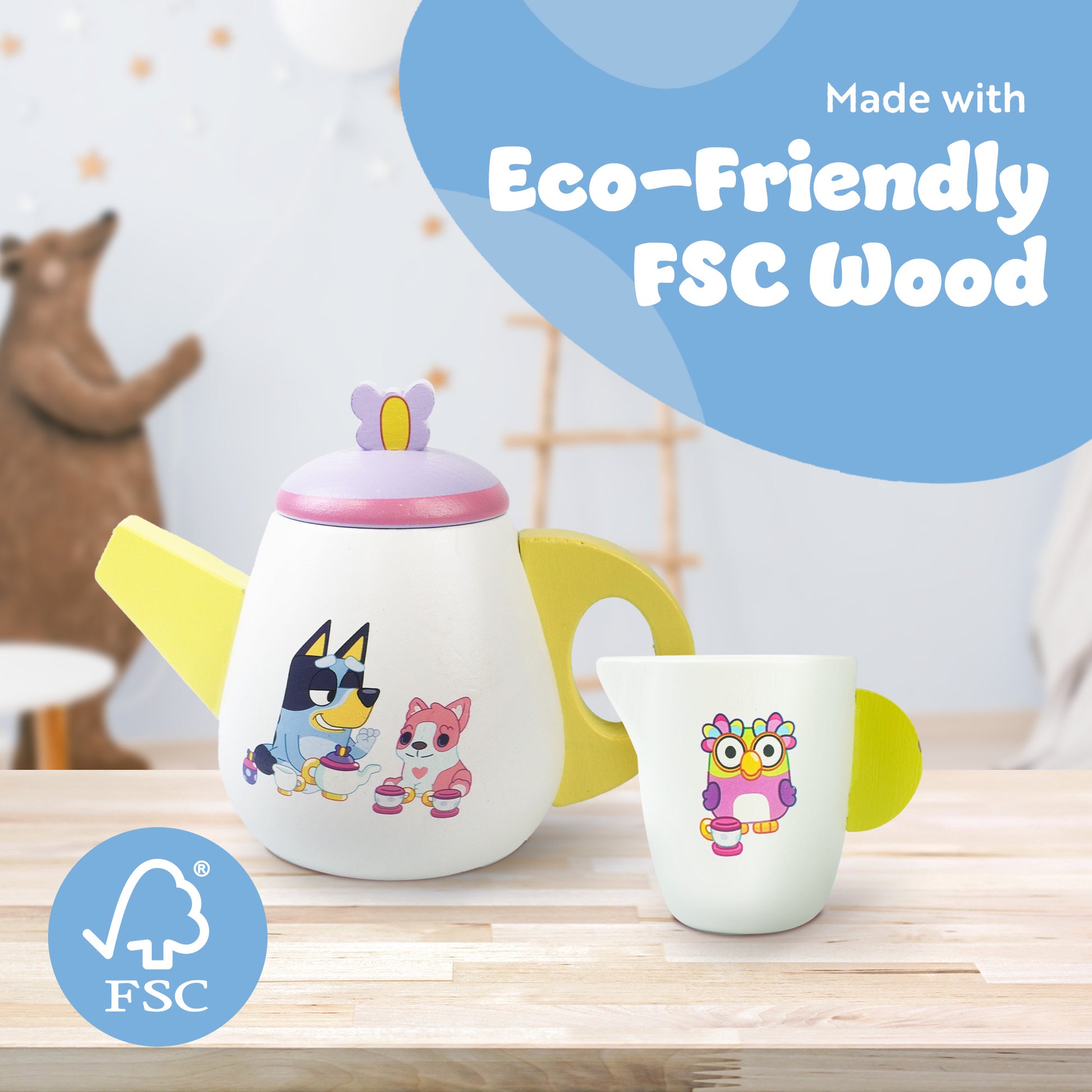 Bluey wooden tea set with teapot, cups, sugar pot and milk jug – 18-piece imaginative roleplay for children