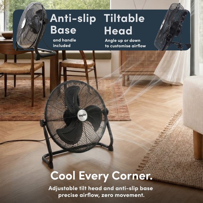 Heavy duty 16 inch floor fan black metal casing side view
