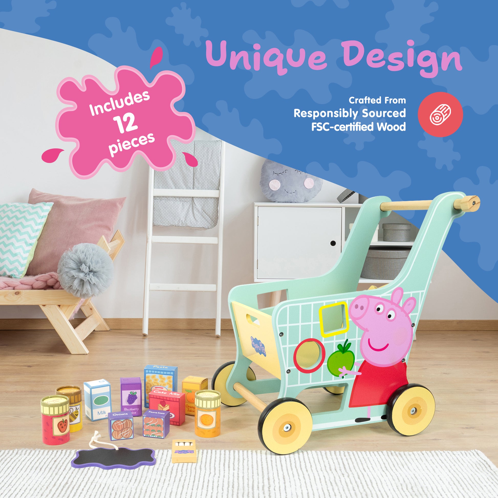 Peppa Pig Wooden Shopping Trolley with Play Food – Children's Role Play Supermarket Toy