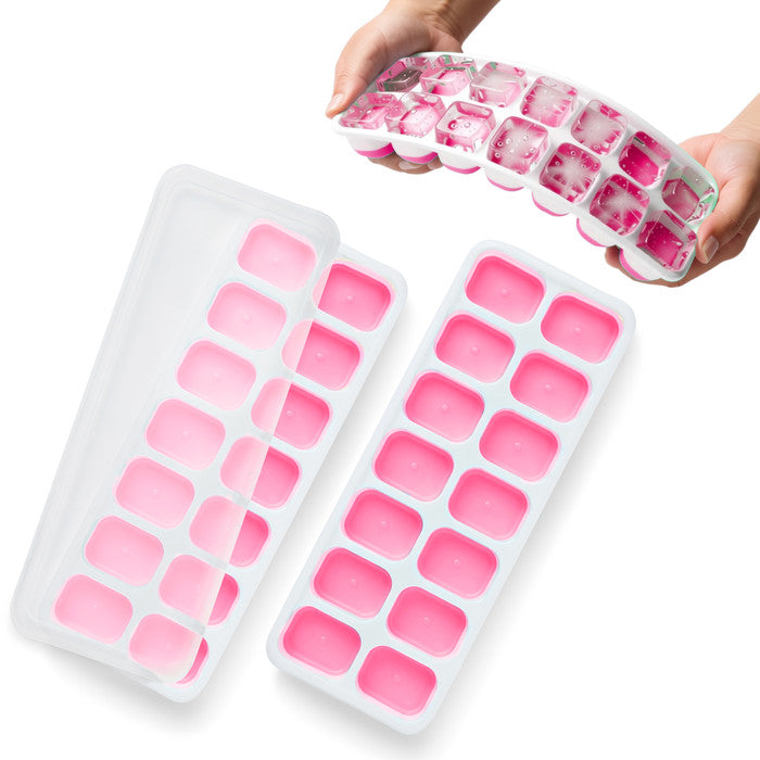 Keplin pink silicone ice cube tray with non-spill lid, flexible 14-cube freezer mould, hands holding tray filled with clear ice cubes