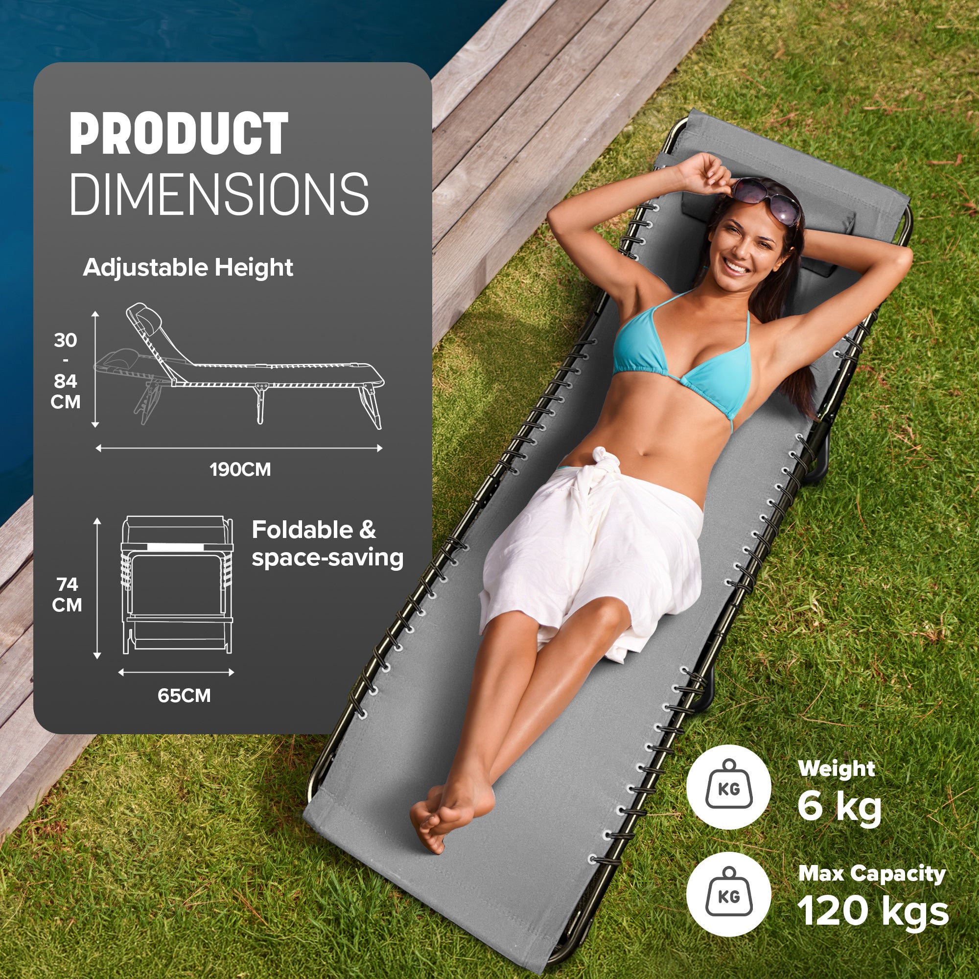 KEPLIN Foldable Recliner Sun Lounger - 600D Oxford Fabric - Adjustable Back and Leg Rests - Lightweight and Portable - Compact Space-Saving Design - Durable Outdoor Use - 190 x 65 x 30 cm