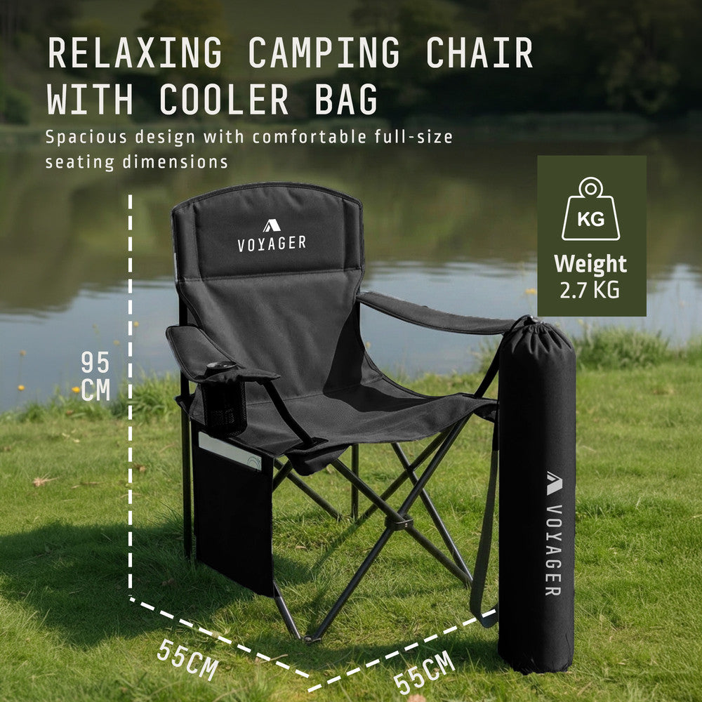 Black padded camping chairs 2-pack with drinks holder – reinforced metal frame 95cm tall outdoor seating