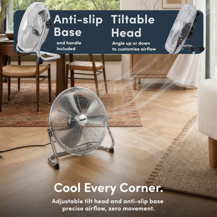 12 inch chrome metal floor fan side profile view