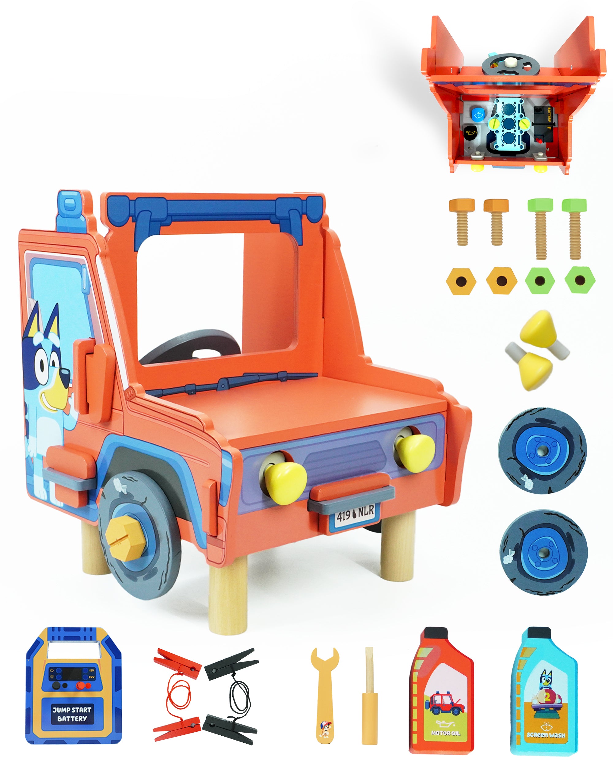 Bluey Wooden Tabletop Mechanic Set – 22 Piece Pretend Play Repair Tool Kit with Car Engine, Tools & Accessories – Compact & Portable Wooden Toy for Kids Ages 3+