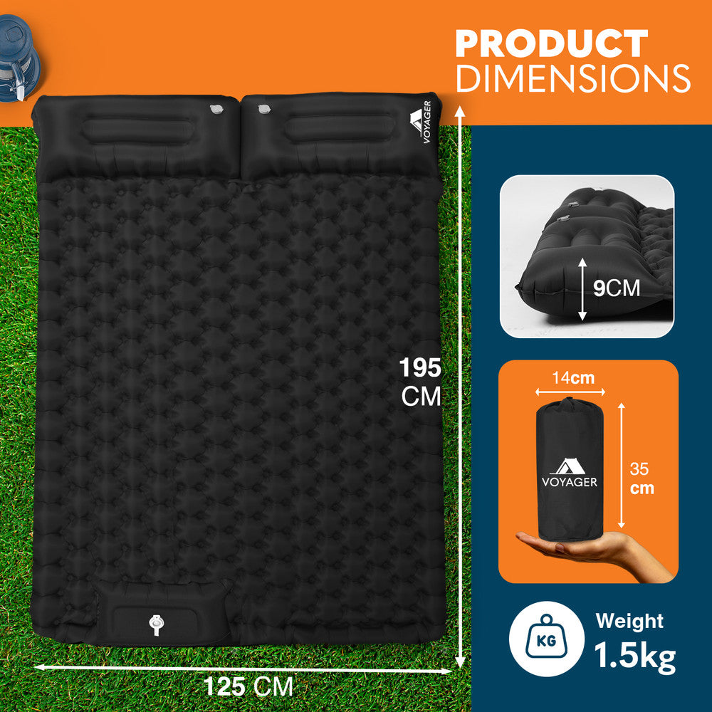 Black double camping sleeping pad flat lay – 40D nylon self-inflating mat for backpacking trips