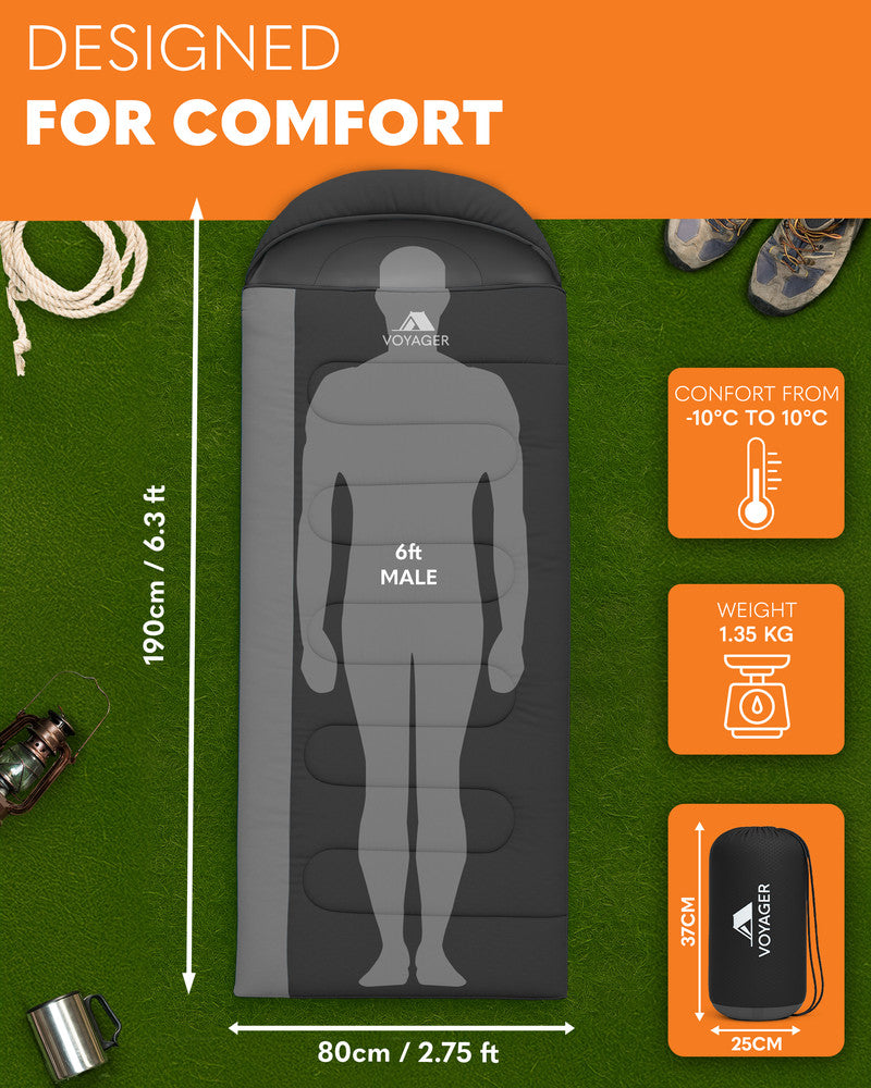 Voyager Sleeping Bag for Adults - Lightweight & Compact, Versatile 3-4 Season Temperature, Spacious Design, Quality Material, Ideal for Camping & Backpacking - 190x30x80cm