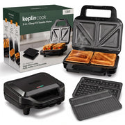 Keplin 3-in-1 deep fill sandwich, waffle and panini maker in black with packaging and grilled toastie
