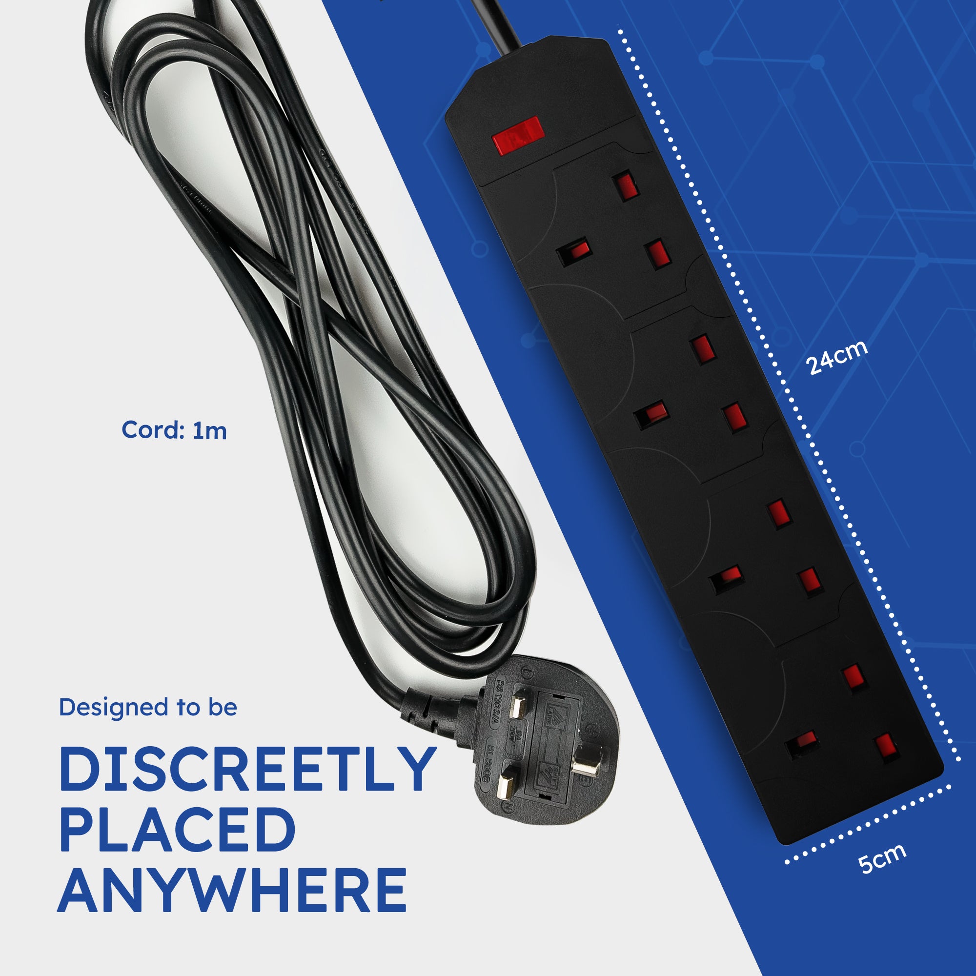 Desiretech Electric Extension Lead - 4 Gang, UK Plug & 3 Pin Socket - Wall Mountable & Multi Socket Mains Strip for Home, Bedroom, Kitchen, & Office (1 Pack)