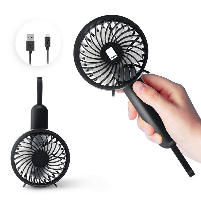 Keplin black portable handheld fan held in hand showing front and folded compact view, includes USB charging cable