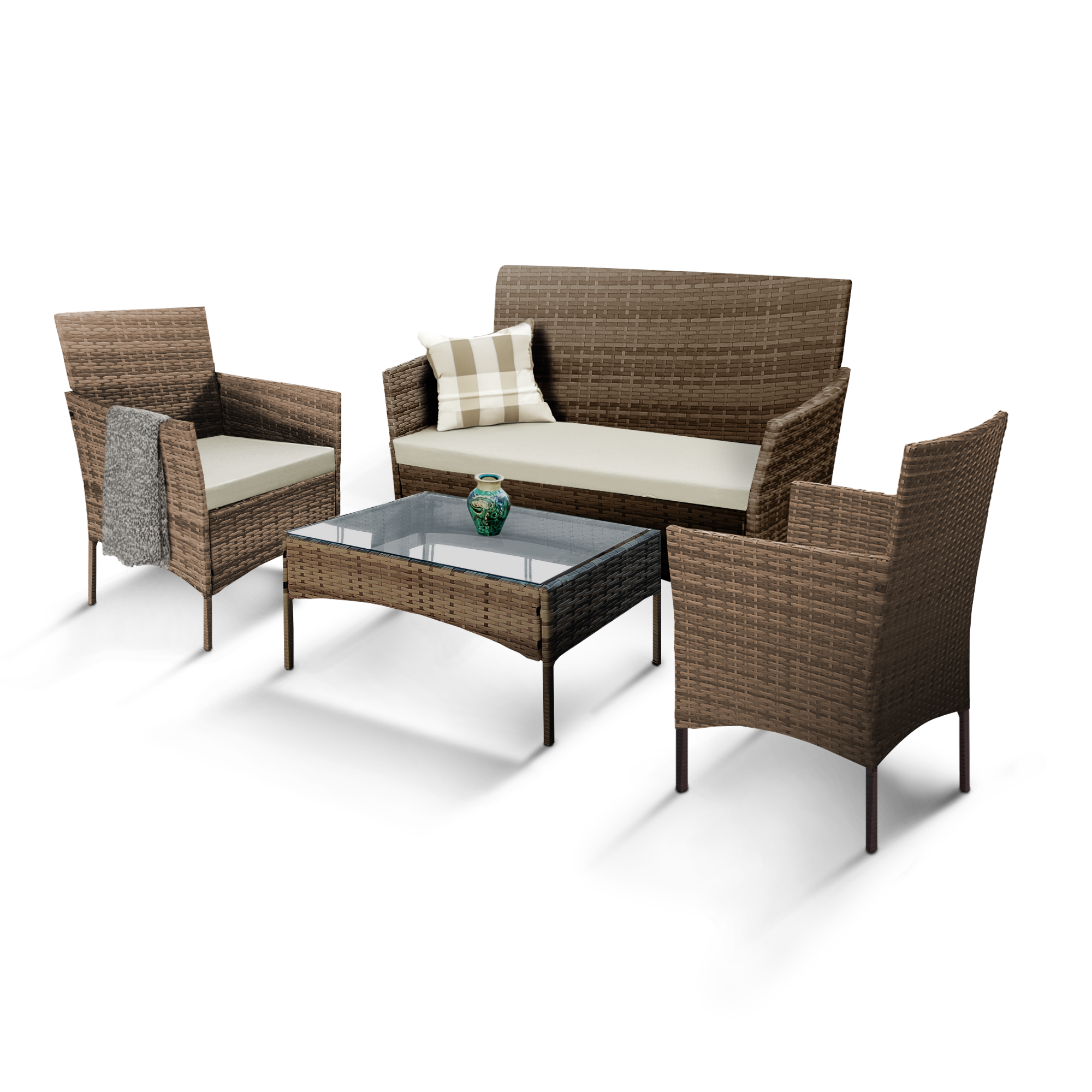 4-Piece Rattan Garden Furniture Set - Outdoor Lounger Sofa, Stackable Chairs & Bistro Table