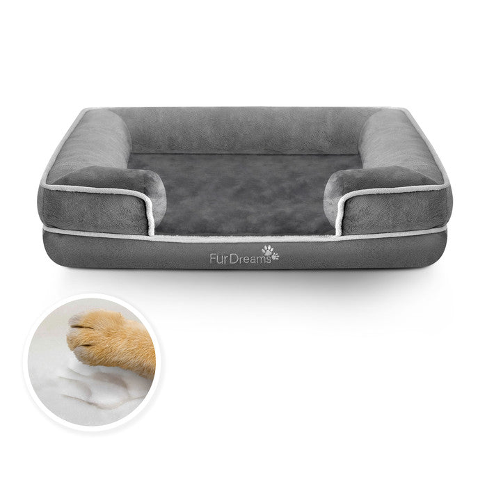 FurDreams Luxury Pet Sofa Bed – Extra Padded Orthopedic Memory Foam Mattress with Non-Slip Base, Removable Washable Flannel Cover – Plush Grey Design (70x57x17cm)