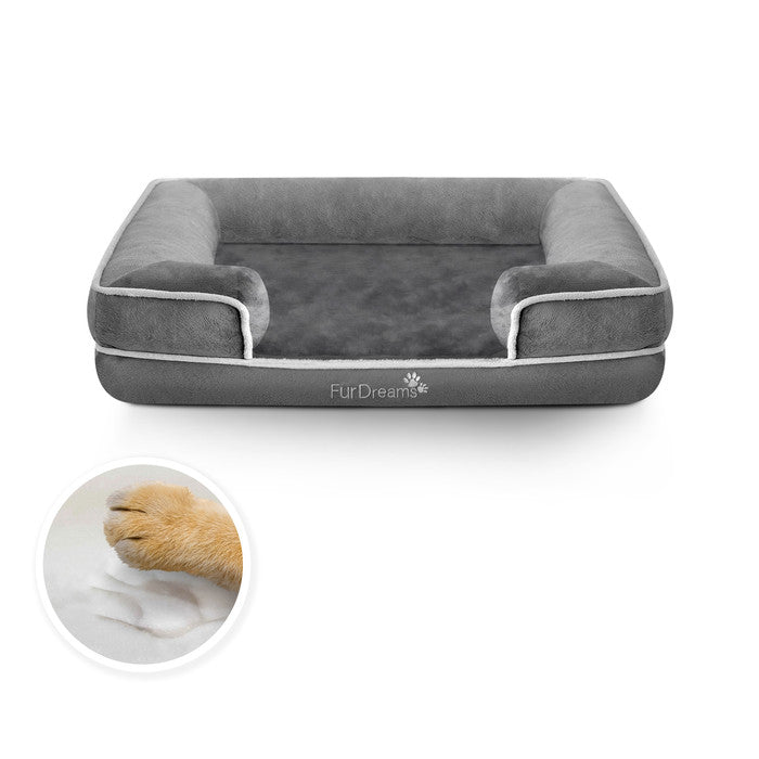 FurDreams Luxury Pet Sofa Bed – Extra Padded Orthopedic Memory Foam Mattress with Non-Slip Base, Removable Washable Flannel Cover – Plush Grey Design (70x57x17cm)