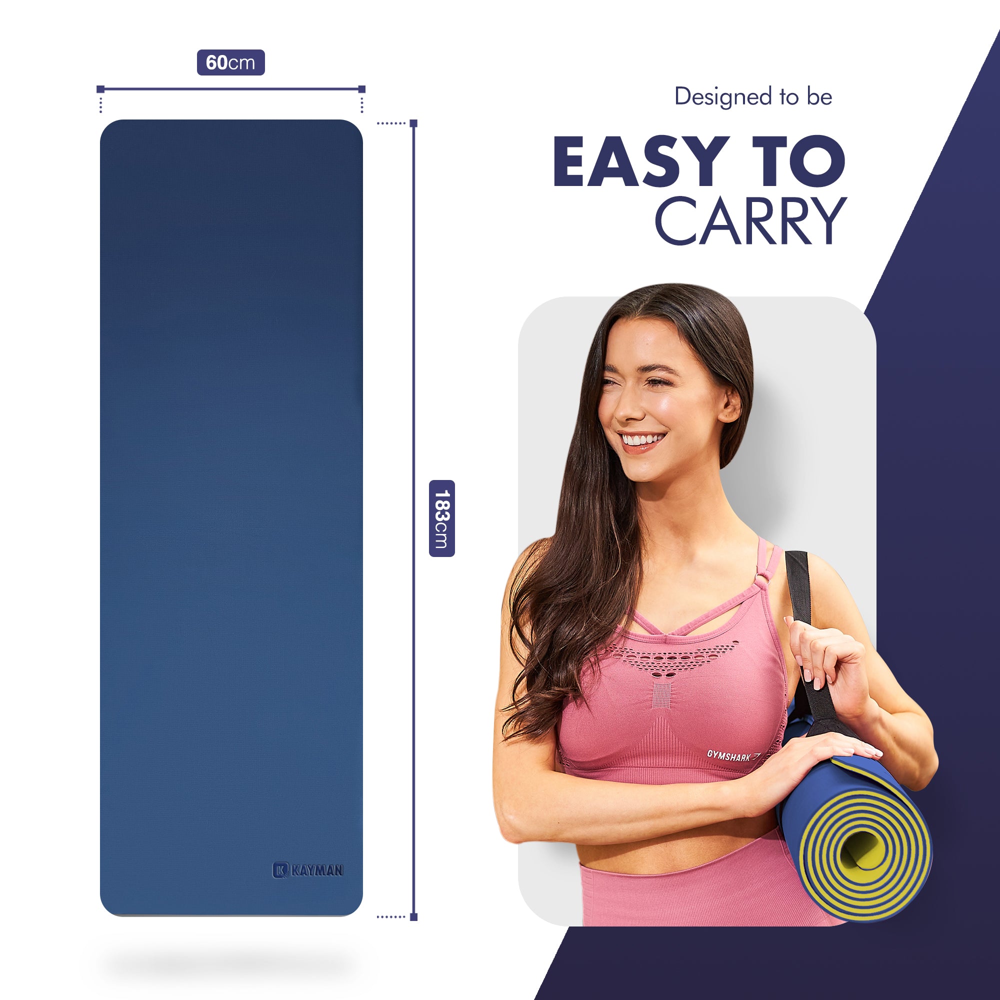 KAYMAN Yoga & Exercise Mat with Carry Strap, Large Non-Slip Comfortable Training & Workout Floor Mat for Home or Outdoor, Gym, Pilates, Gymnastics, HiiT, Stretching & Meditation