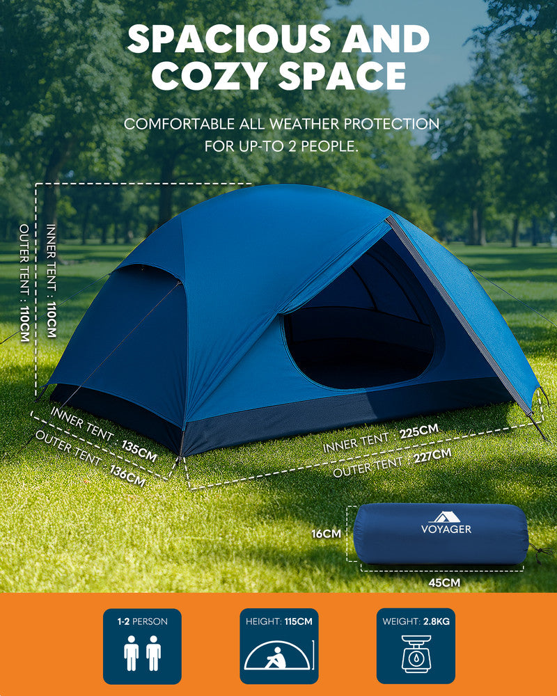 Voyager 2 Man Tent - Waterproof, Windproof, Quick Setup, Spacious 2-Person Camping Tent, Durable, Lightweight Outdoor Shelter, Ideal for Hiking, Backpacking, Camping - 225x135x110cm