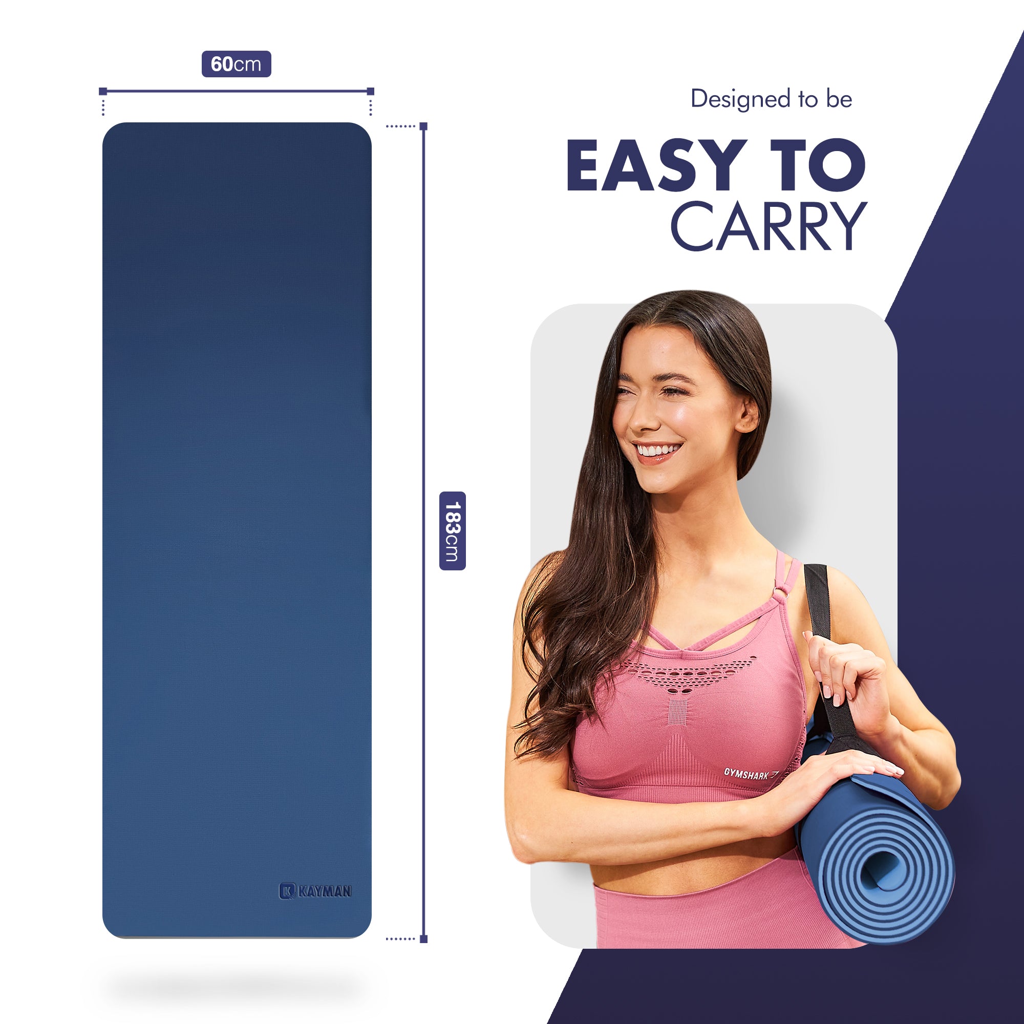 KAYMAN Yoga & Exercise Mat with Carry Strap, Large Non-Slip Comfortable Training & Workout Floor Mat for Home or Outdoor, Gym, Pilates, Gymnastics, HiiT, Stretching & Meditation