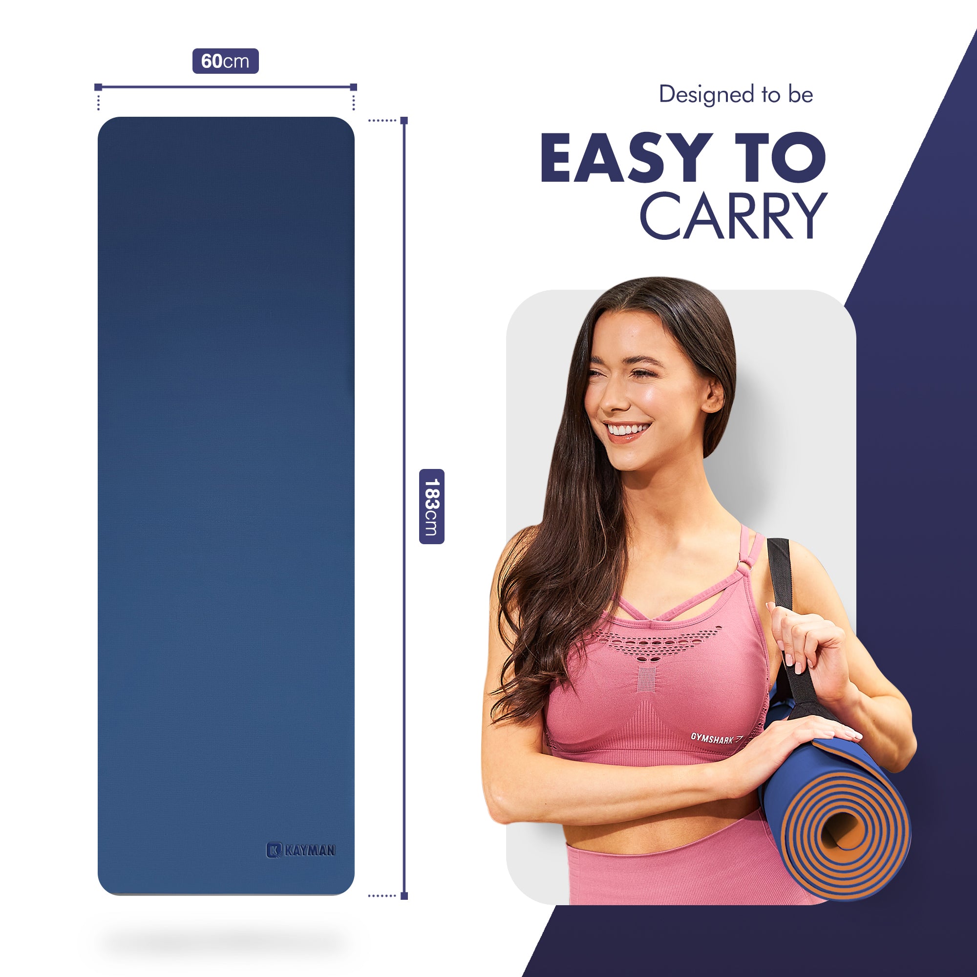 KAYMAN Yoga & Exercise Mat with Carry Strap, Large Non-Slip Comfortable Training & Workout Floor Mat for Home or Outdoor, Gym, Pilates, Gymnastics, HiiT, Stretching & Meditation