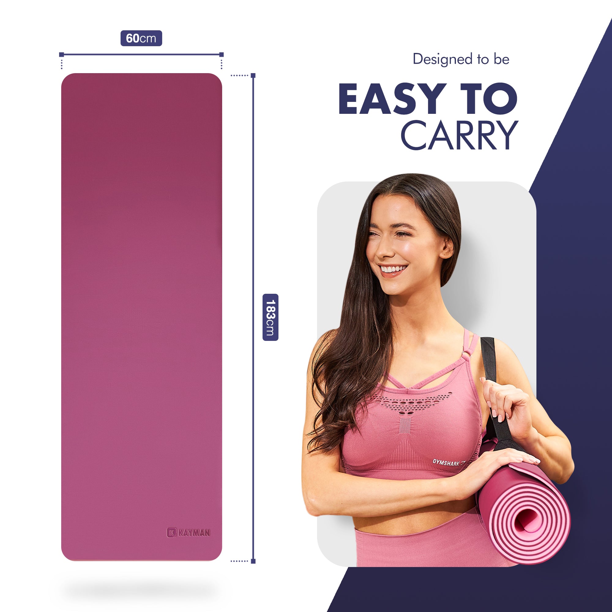 KAYMAN Yoga & Exercise Mat with Carry Strap, Large Non-Slip Comfortable Training & Workout Floor Mat for Home or Outdoor, Gym, Pilates, Gymnastics, HiiT, Stretching & Meditation