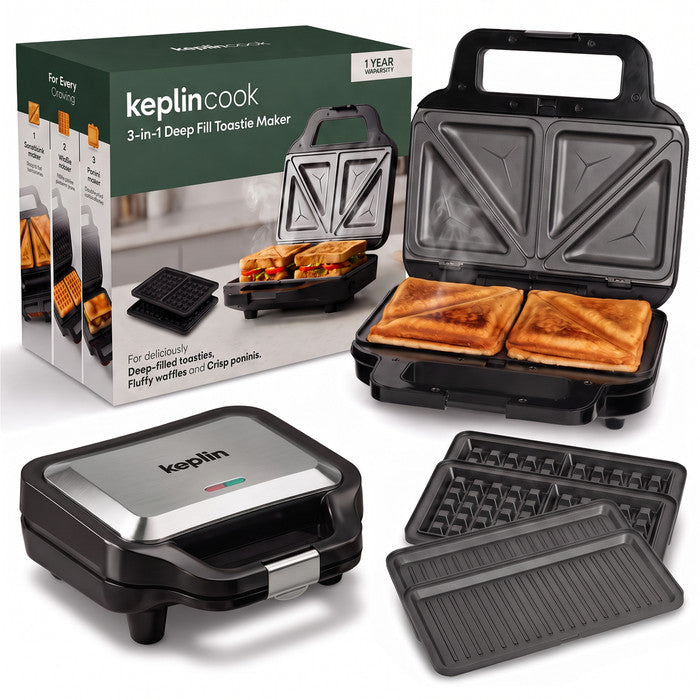 Keplin 3-in-1 deep fill sandwich, waffle and panini maker in silver with packaging and grilled toastie