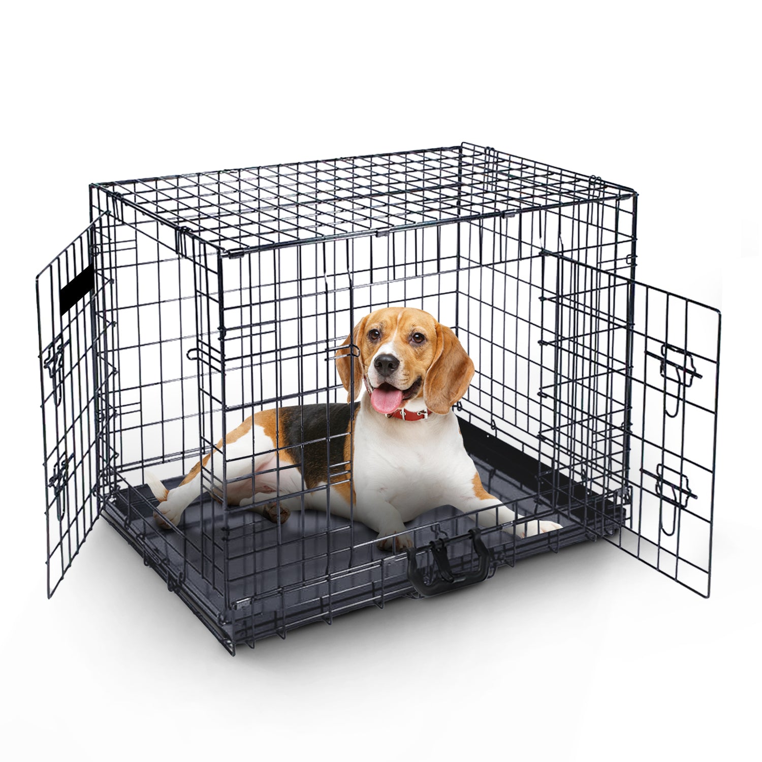 FurDreams Heavy Duty Dog Crate – Black Metal Folding Cage with Dual Doors, Chew-Resistant Plastic Tray, and Carry Handle – Perfect for Puppy Training