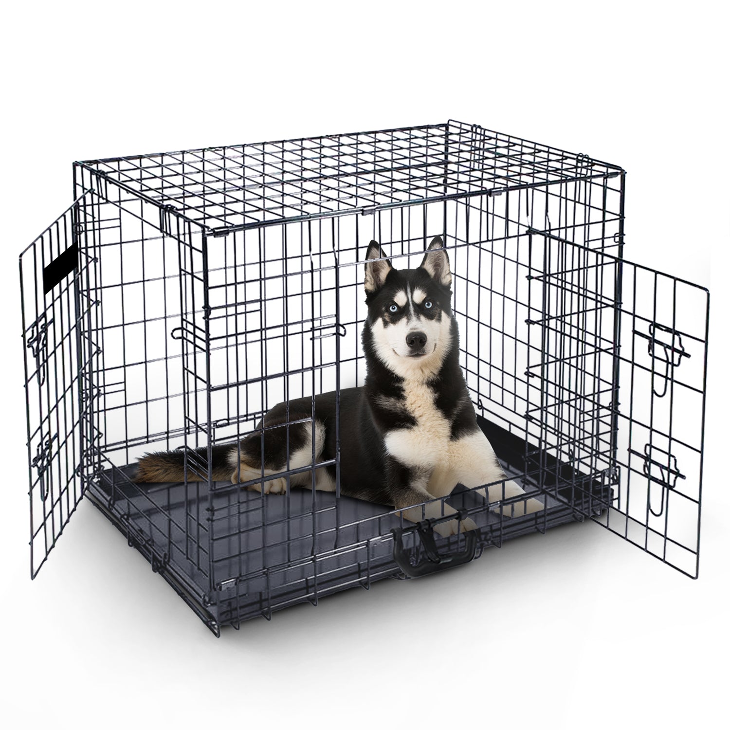 FurDreams Heavy Duty Dog Crate – Black Metal Folding Cage with Dual Doors, Chew-Resistant Plastic Tray, and Carry Handle – Perfect for Puppy Training