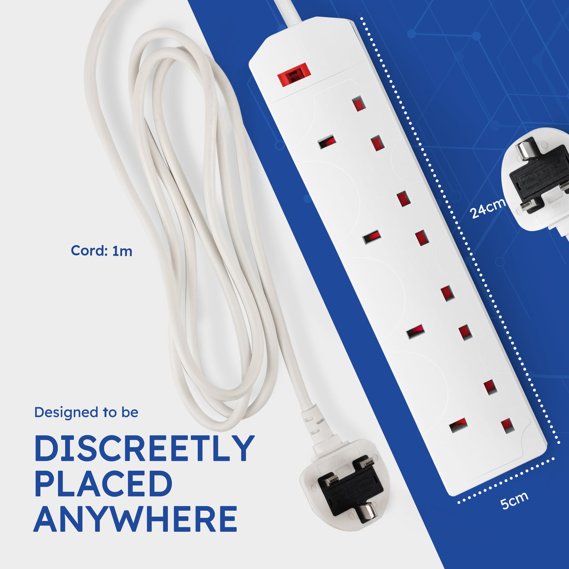 Desiretech Electric Extension Lead - 4 Gang, UK Plug & 3 Pin Socket - Wall Mountable & Multi Socket Mains Strip for Home, Bedroom, Kitchen, & Office (1 Pack)