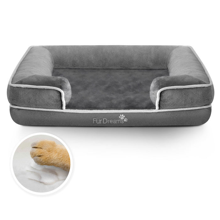FurDreams Luxury Pet Sofa Bed – Extra Padded Orthopedic Memory Foam Mattress with Non-Slip Base, Removable Washable Flannel Cover – Plush Grey Design (70x57x17cm)