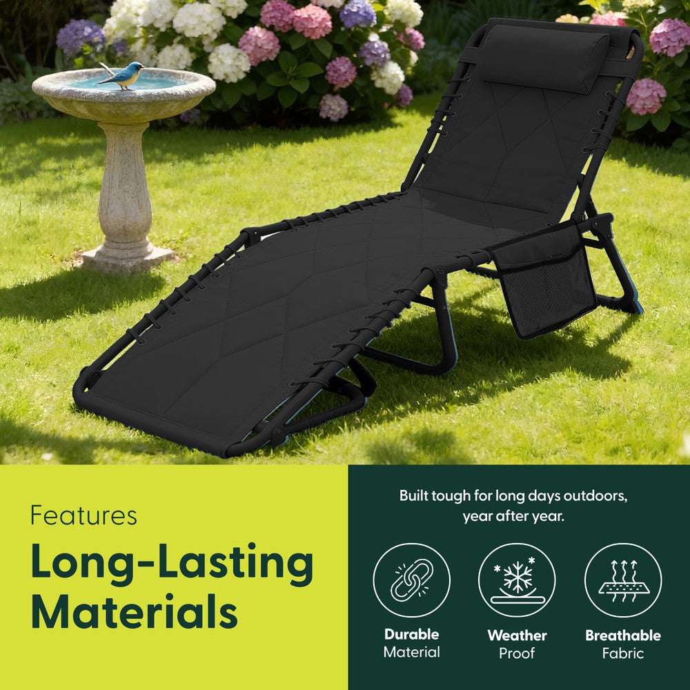 Keplin Foldable Sun Lounger Charcoal – Quilted Padded Outdoor Garden Recliner Chair