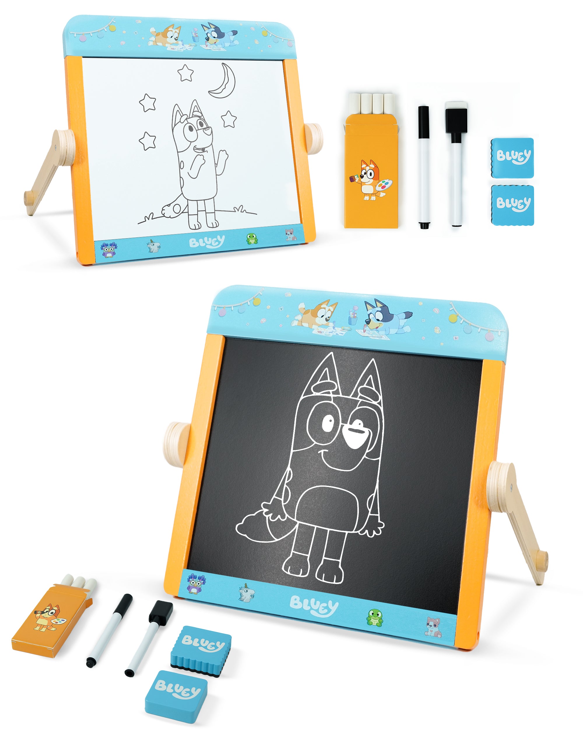Bluey Tabletop Easel for Kids – 2 in 1 Double-Sided Chalkboard and Whiteboard with Pen, Chalk & Eraser – Portable Drawing Board for Children
