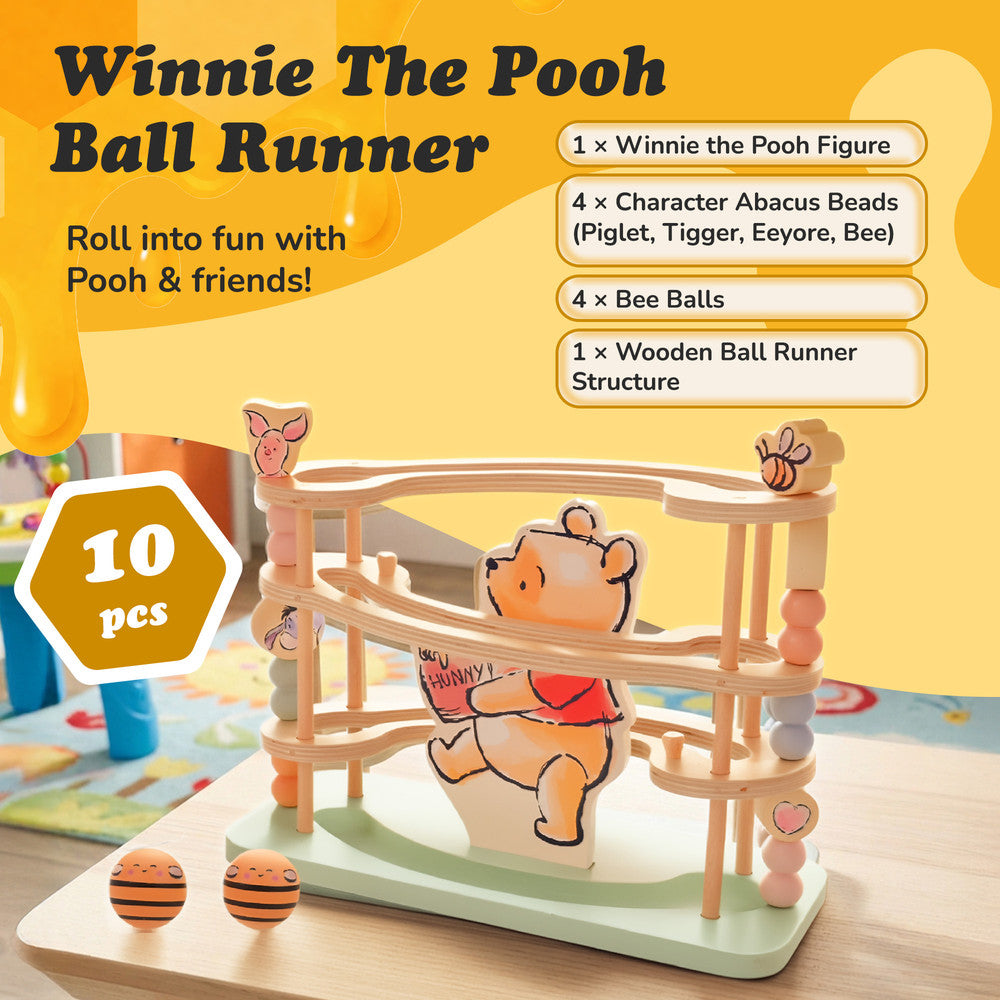 Wooden ball runner toy with Winnie the Pooh characters for toddlers