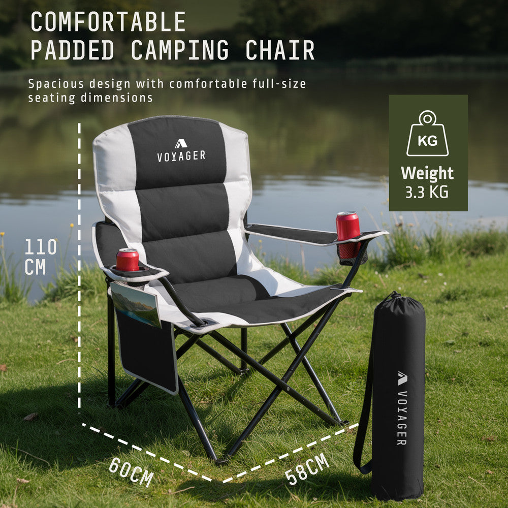 Voyager 2 Pack Padded Camping Chairs - with Cup Holder and Side Pockets