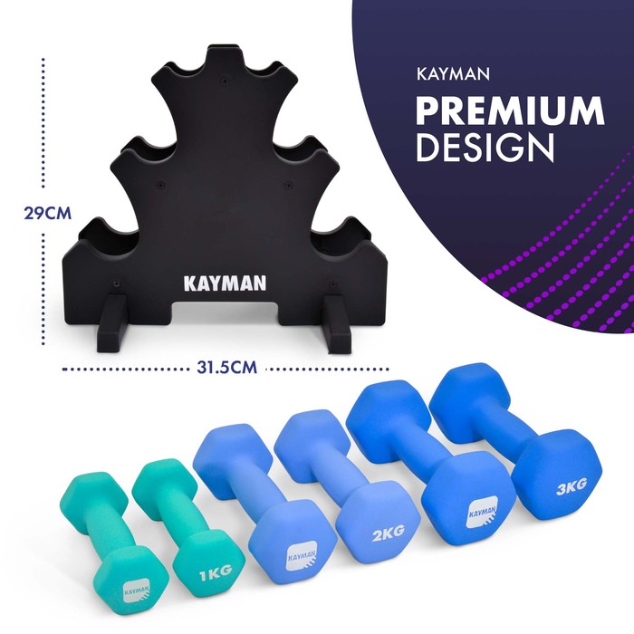 KAYMAN Neoprene Dumbbell Set, Anti-Slip Grip, Hex Edges, Water-Resistant Surface with Workout Poster Guide - Versatile Weight Set (1kg to 10kg) for Home, Gym & Fitness Training