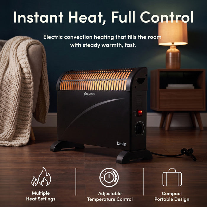 Black convector heater glowing on in bedroom, instant electric convection heat