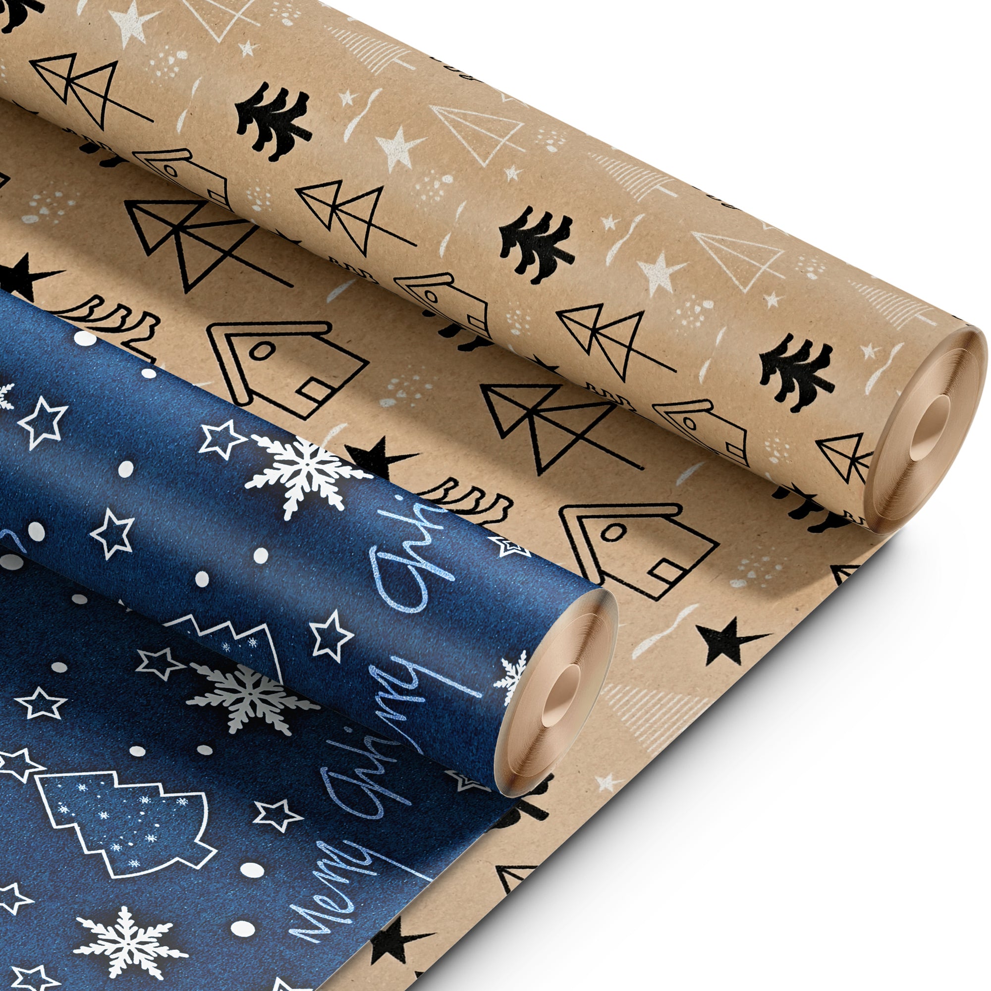 Kraft & Co 2 Pack Christmas Wrapping Paper Roll - Festive Designed Recyclable Kraft Paper, Perfect for Holiday Gifts, Arts & Crafts-Wrapping for a Merry Christmas (44.5cm x 25m)