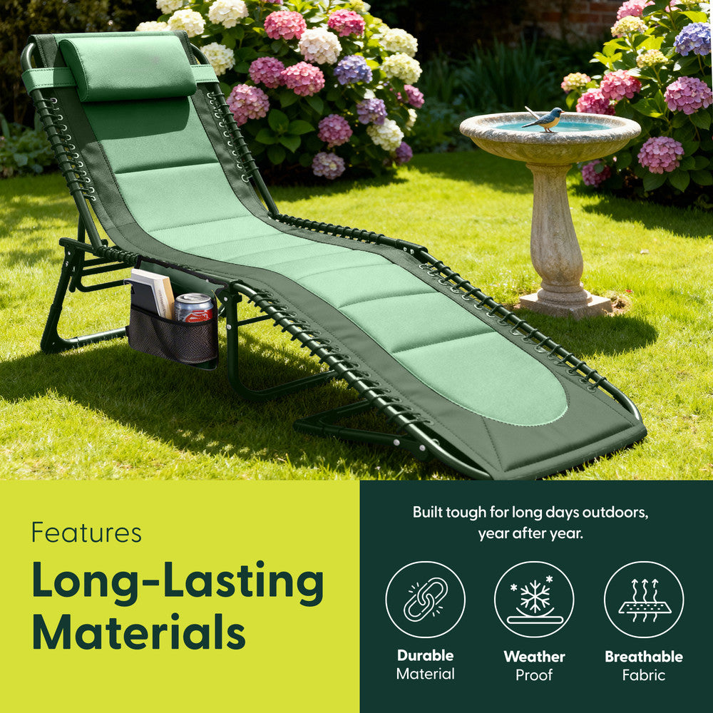 KEPLIN Foldable Sun Lounger Chair - Outdoor Garden Recliner with Color Block Design, 4 Position Adjustable Backrest, Padded 600D Oxford Fabric, Portable Patio Camping Deck Chair 110kg