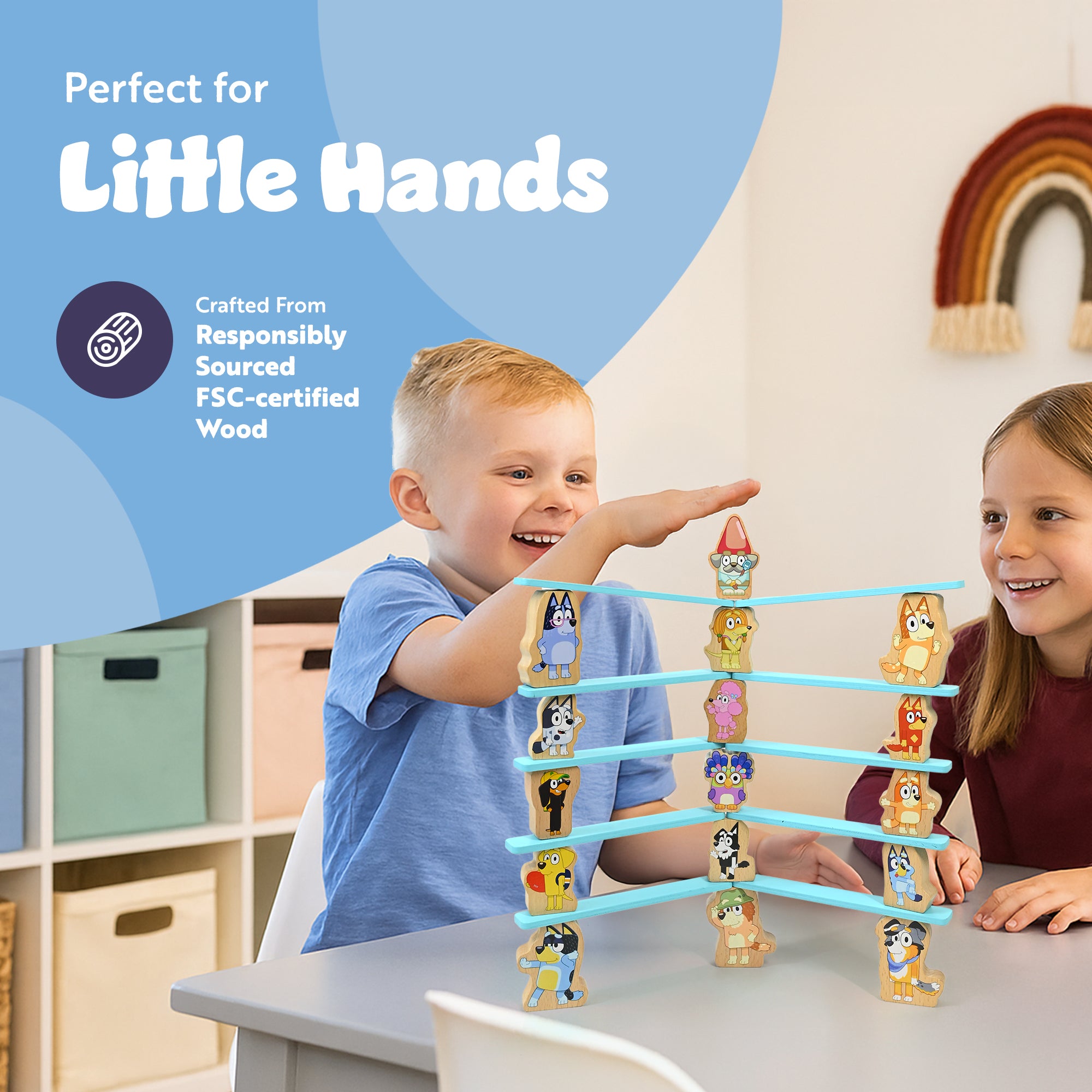 Bluey - Wooden Stacking Game for Kids Age 3+ - Balancing Toy with 16 Characters & 10 Sticks - FSC Certified Wood - Helps Develop Motor Skills - Family Game in Compact Storage Tub