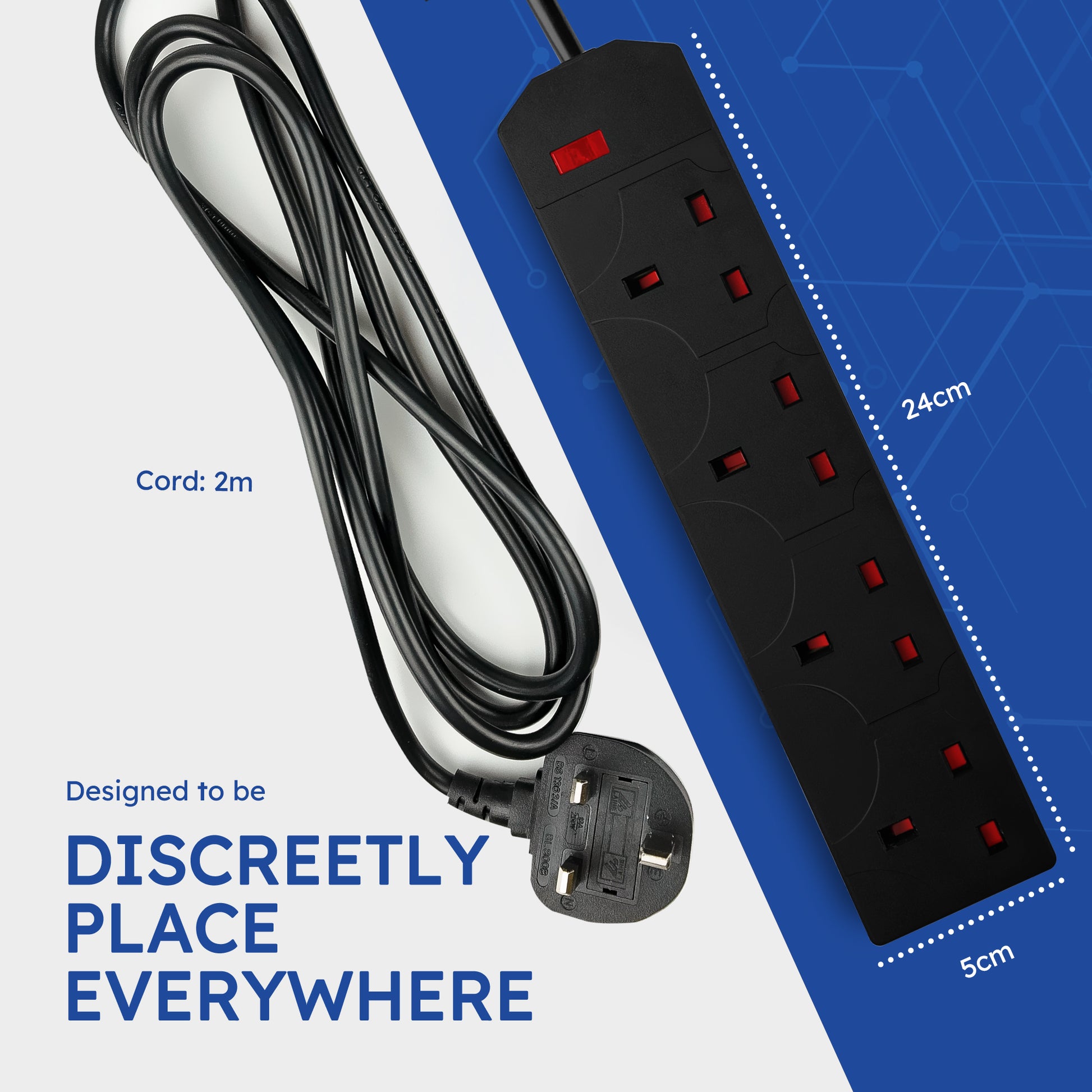 Desiretech Electric Extension Lead - 4 Gang, UK Plug & 3 Pin Socket - Wall Mountable & Multi Socket Mains Strip for Home, Bedroom, Kitchen, & Office (1 Pack) – image 5