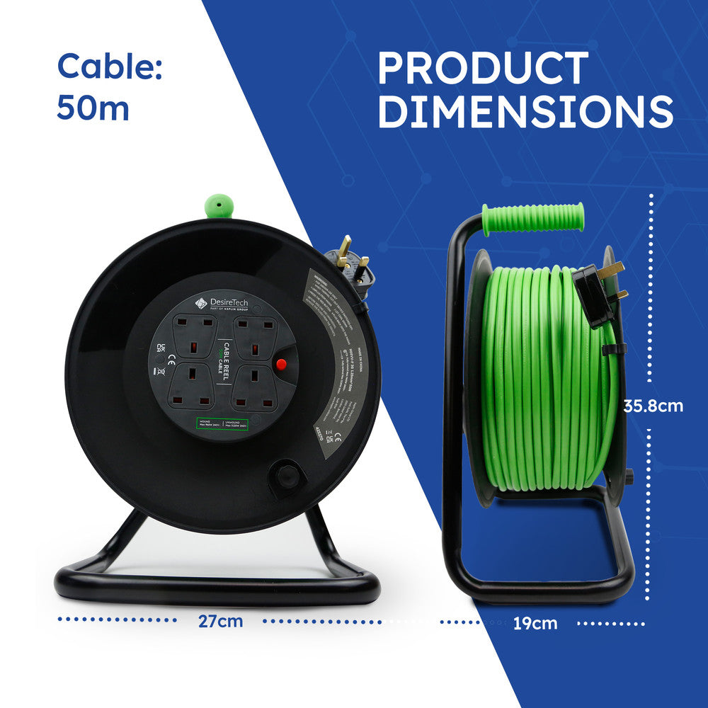 Desiretech Heavy-Duty Portable Cable Reel Extension Lead – 4 Shuttered Sockets, Thermal Cut-Out, Ergonomic Handle, Green/Black – Robust Extension Cord for Indoor Use