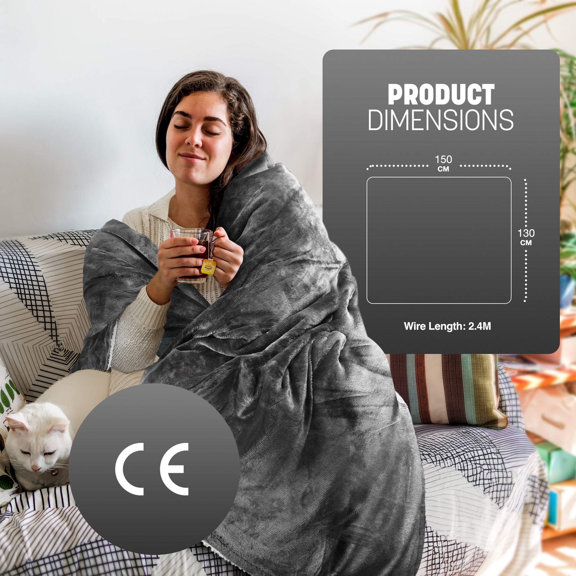 Electric Heated Throw Blanket - Machine Washable Fleece Wool Duvet, 9 Heat Settings & Timer