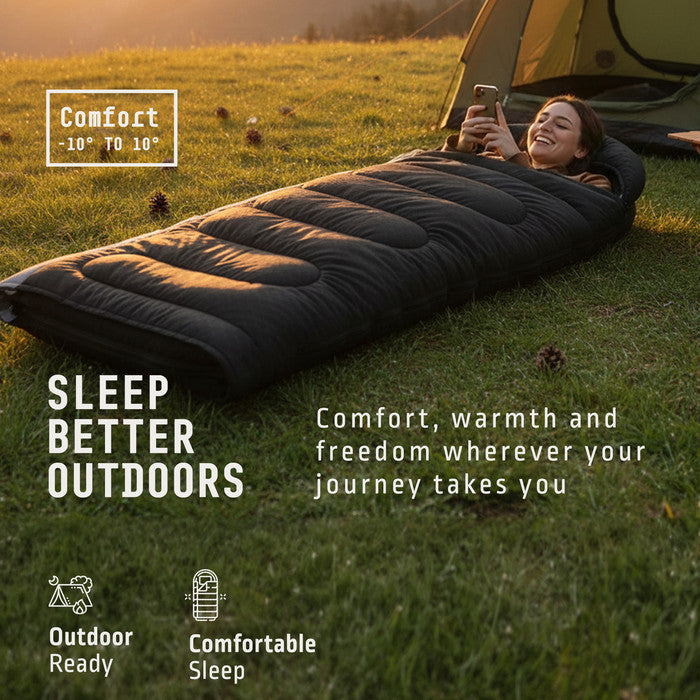 Black camping sleeping bag open showing spacious interior – adults sleeping bag for camping UK