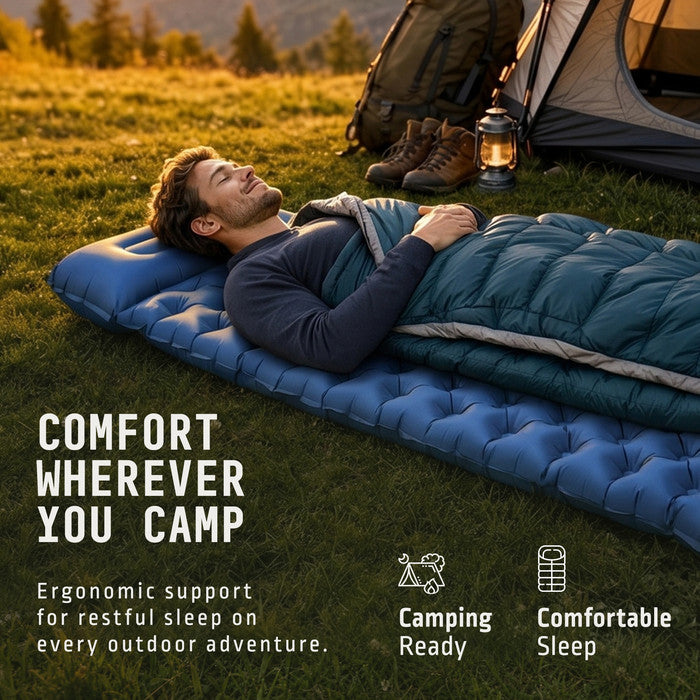 Man sleeping on Voyager blue inflatable camping mat outdoors near tent