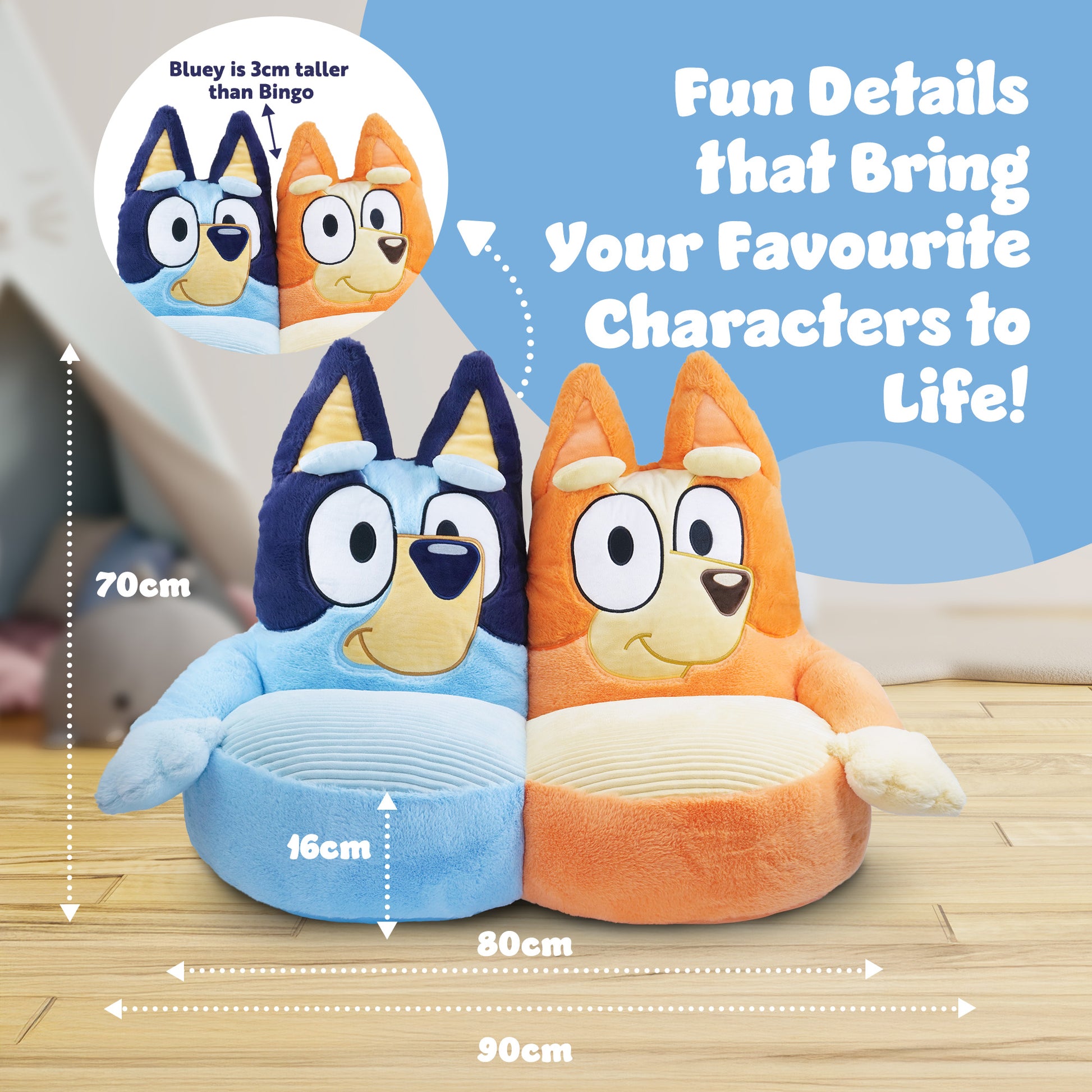 Bluey and Bingo plush kids chair with 3D sunglasses – ultra-soft fabric comfortable seat for children