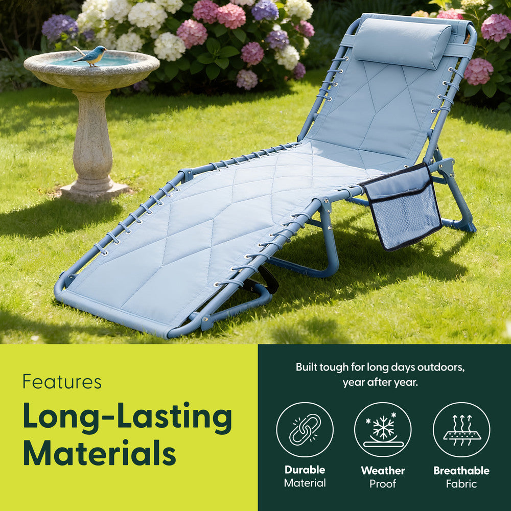 Blue Quilted Garden Sun Lounger – Padded Folding Outdoor Recliner Chair by Keplin