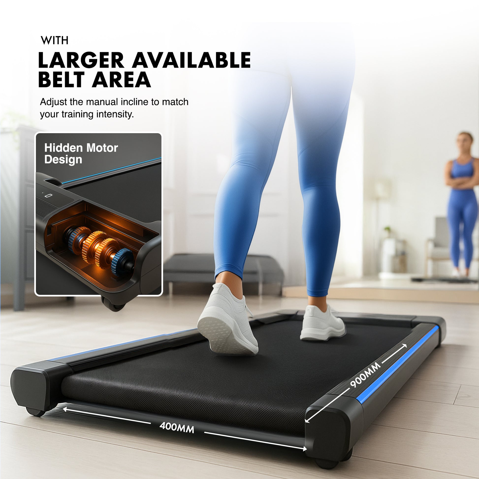 Kayman 3-in-1 Walking Pad Treadmill – Under Desk Electric Treadmill, Space-Saving, 120kg Capacity, 1–6km/h, Running, Walking & Working Modes, 2-Level Manual Incline, LED Display, Remote,900×400mm Belt – image 2